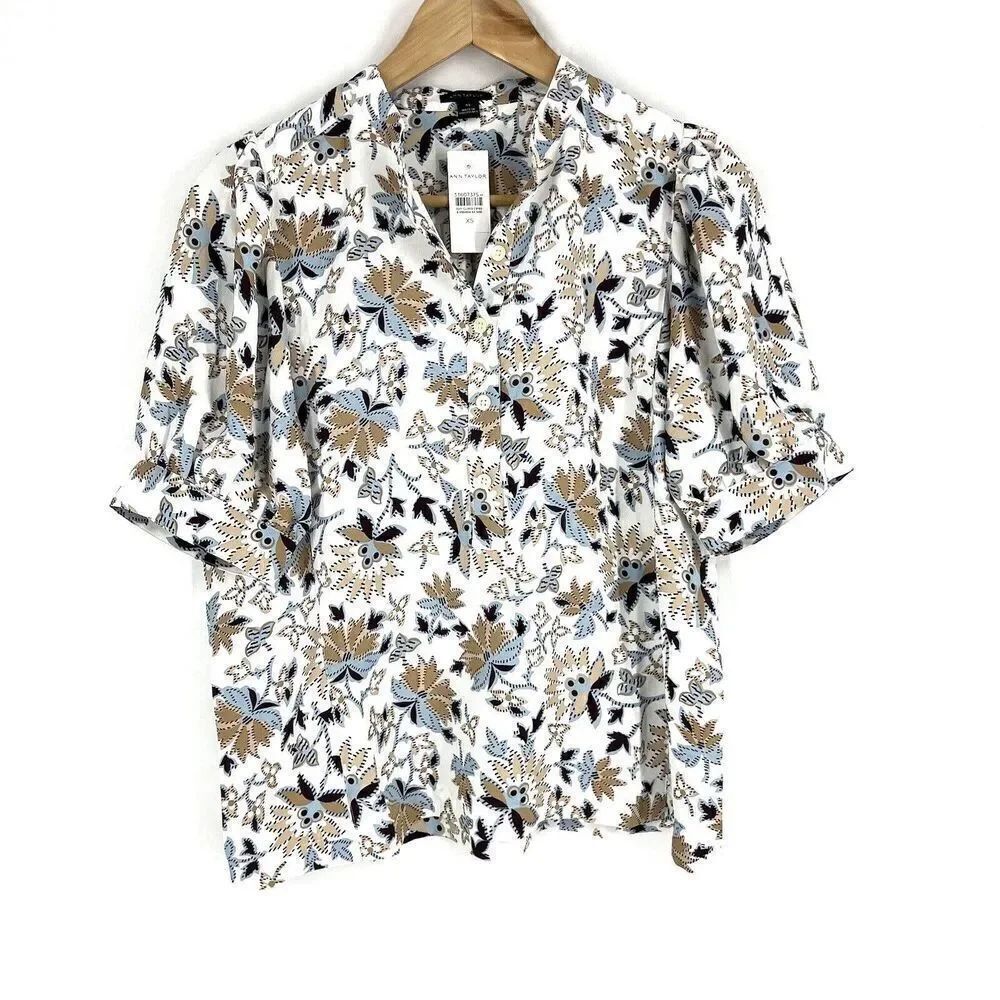 Ann Taylor Shirt Size XS White Brown Blue Floral Print Top Blouse Puff Sleeve